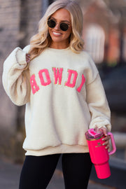 Beige Sherpa HOWDY Patched Pullover Sweatshirt