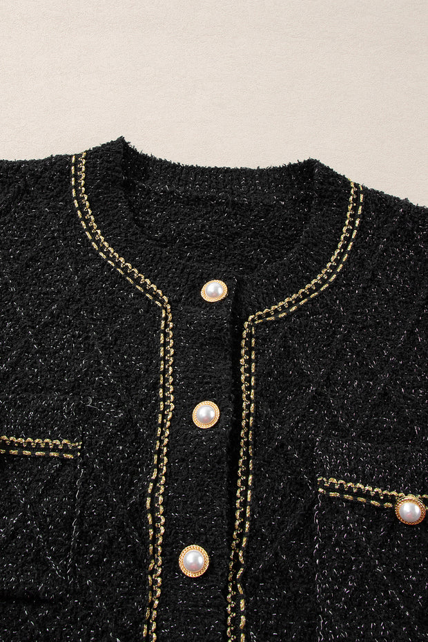 Black Shimmer Flap Pocket Button up Cardigan