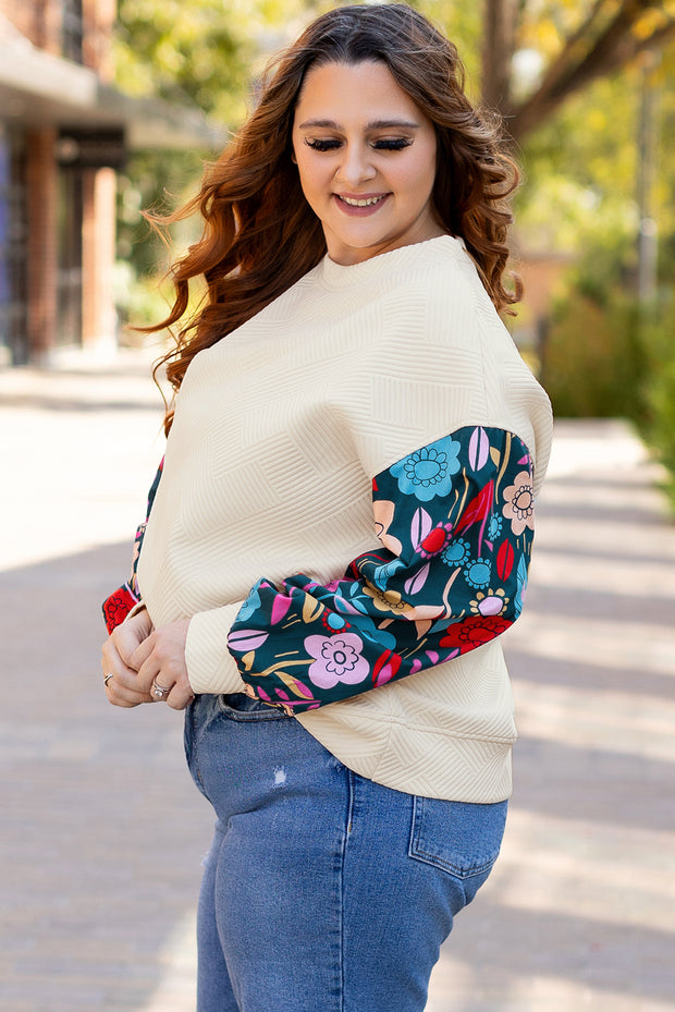 White Floral Patchwork Sleeve Textured Plus Size Pullover Top