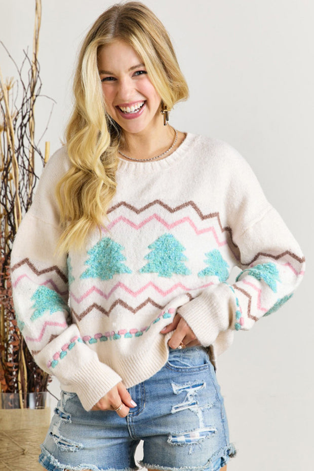 White Striped Christmas Tree Ribbed Trim Drop Shoulder Sweater