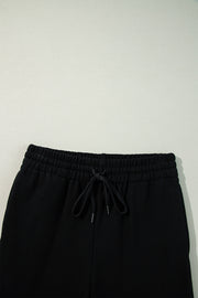 Black Solid Color Fleece Lined Drawstring Waist Casual Pants