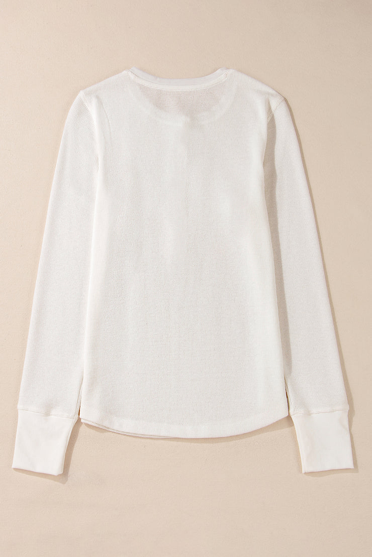 White Solid Color Waffle Half Button Long Sleeve Top