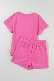 Strawberry Pink 2pcs Solid Textured Drawstring Shorts Set