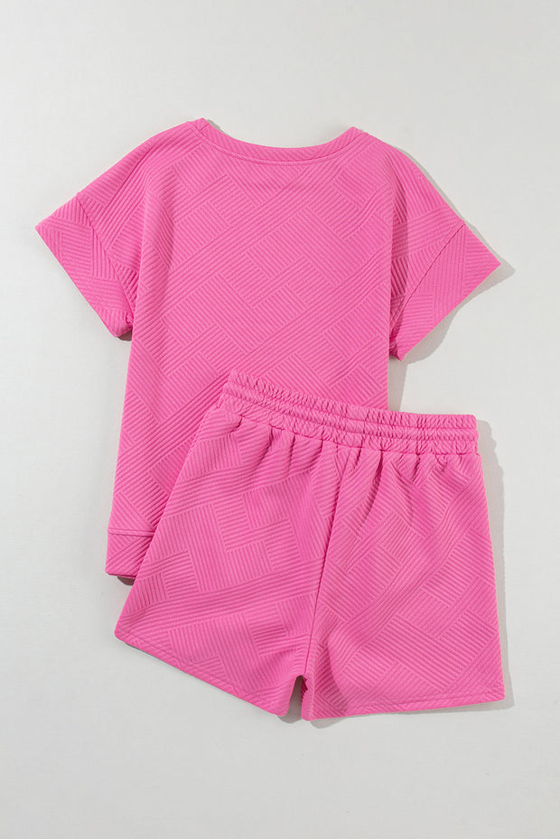 Strawberry Pink 2pcs Solid Textured Drawstring Shorts Set