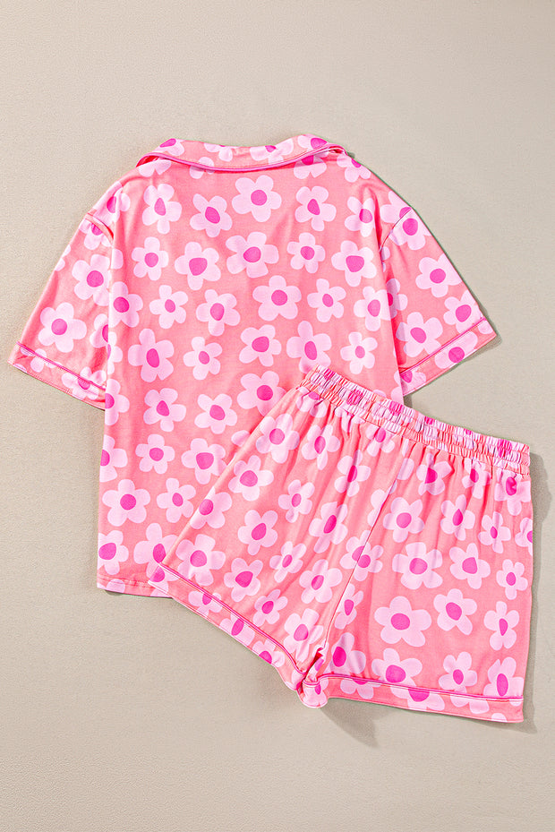 Pink Flower Print Short Sleeve Shirt Pajamas Set