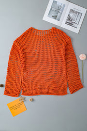 Orange Open Knit Crochet Bell Sleeve Tunic Sweater