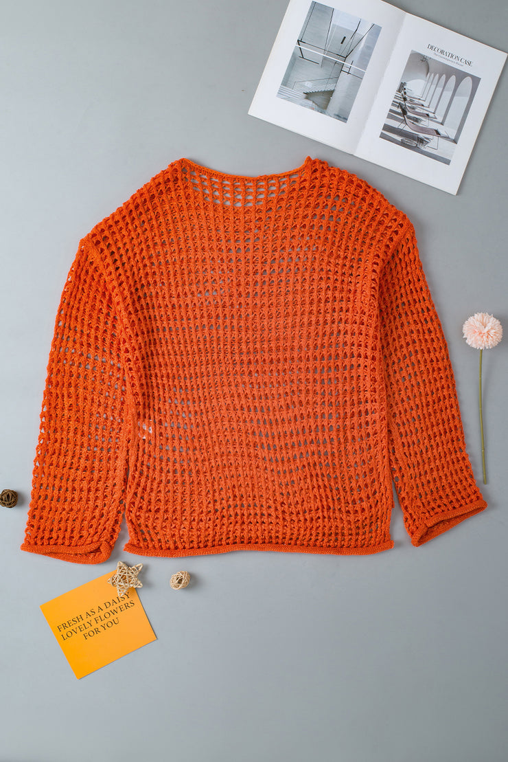 Orange Open Knit Crochet Bell Sleeve Tunic Sweater