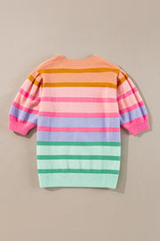 Rose Red Colorful Stripe Bubble Short Sleeve Sweater