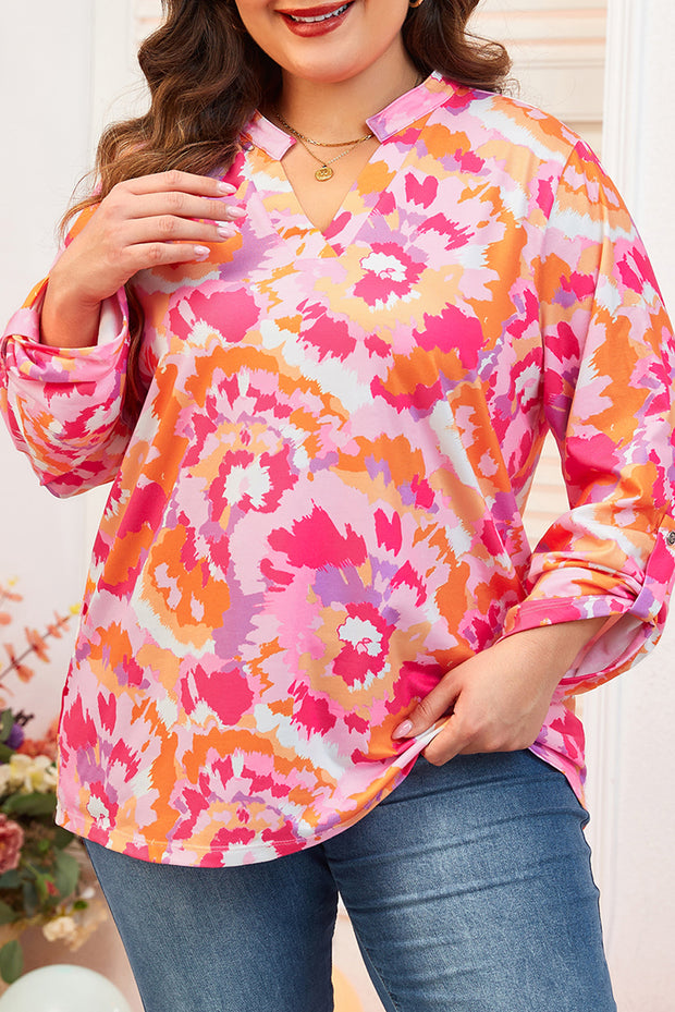 Pink Plus Size Abstract Floral Print V Neck Blouse