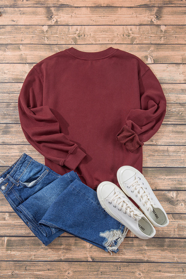 Burgundy Plain Drop Shoulder Crewneck Pullover Sweatshirt