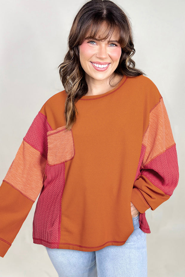 Orange Textured Knit Color Block Patchwork Chest Pocket Plus Size Top