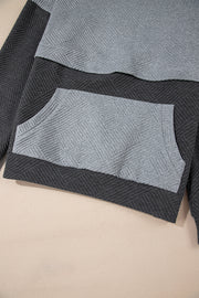 Gray Textured Color Block Kangaroo Pocket Drop Shoulder Hoodie