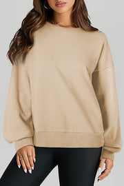 Parchment Solid O Neck High Low Hem Pullover Sweatshirt