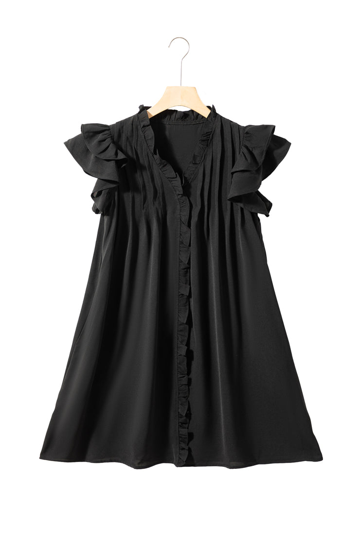 Black Ruffle Sleeve V Neck Frilled Shift Dress