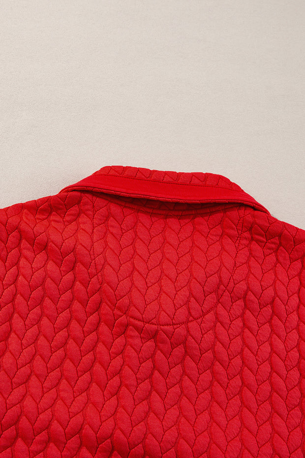 Tomato Red Cable Textured Quarter Zip Pocketed Plus Size Pullover