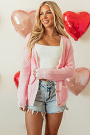 Pink Ribbed Knit Scalloped Edge Side Pockets Buttoned Cardigan