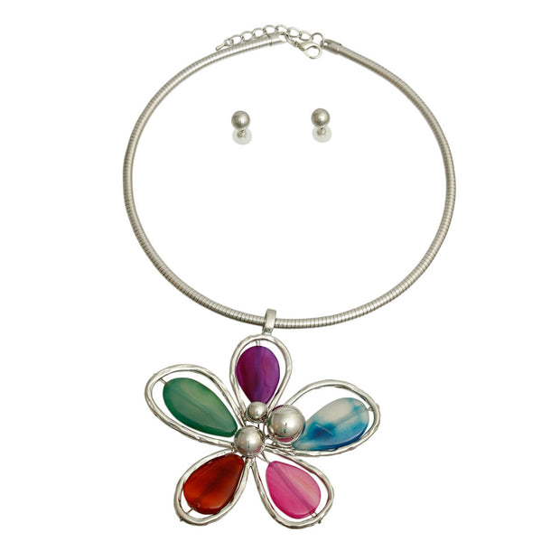 Multi Color Petal Silver Flower Necklace