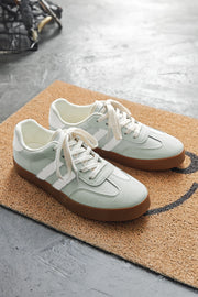 White Striped Lace Up Flat Sneakers