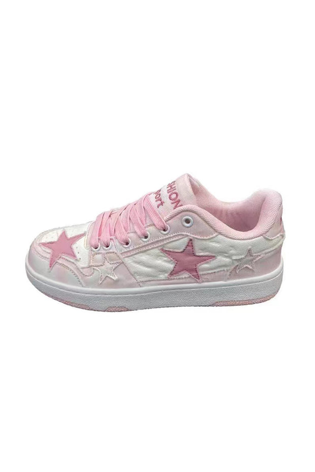 Pink Star Patch Color Block Lace-up Flat Sneakers