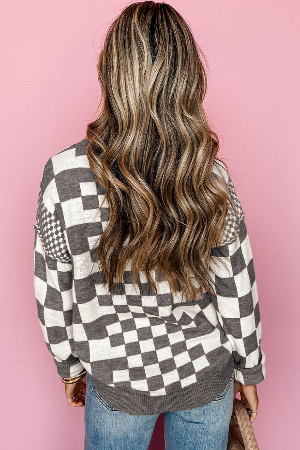 Gray Checkered Print Drop Shoulder Round Neck Sweater