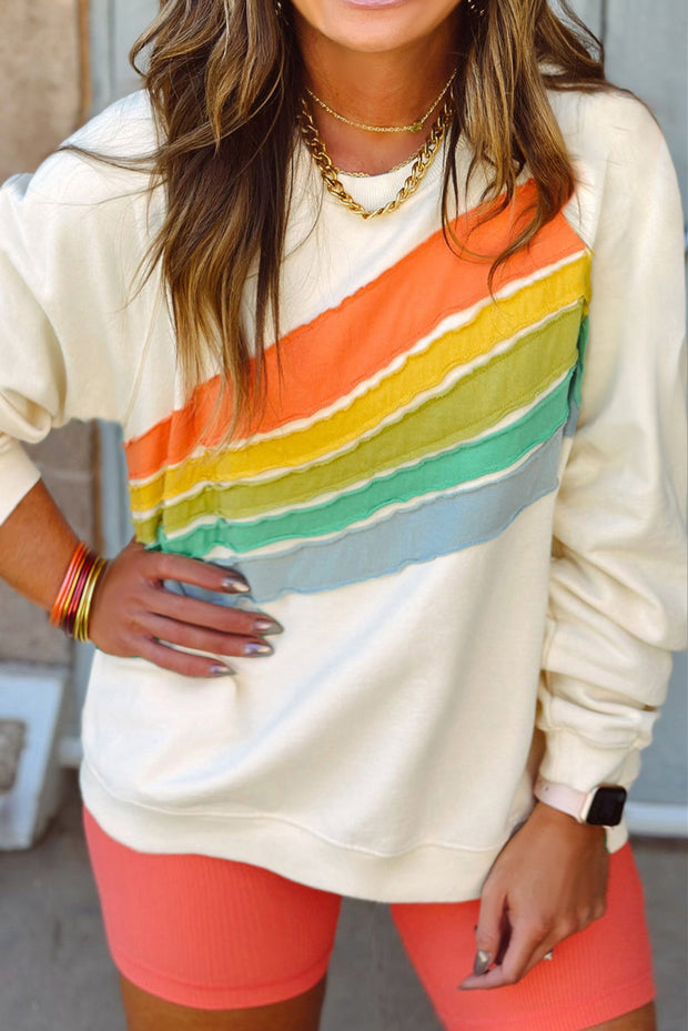 white Rainbow Raglan Sleeve Crew Neck Plus Size Sweatshirt