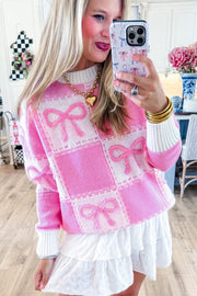 Pink Bow Knot Two Tone Checkered Crew Neck Sweater