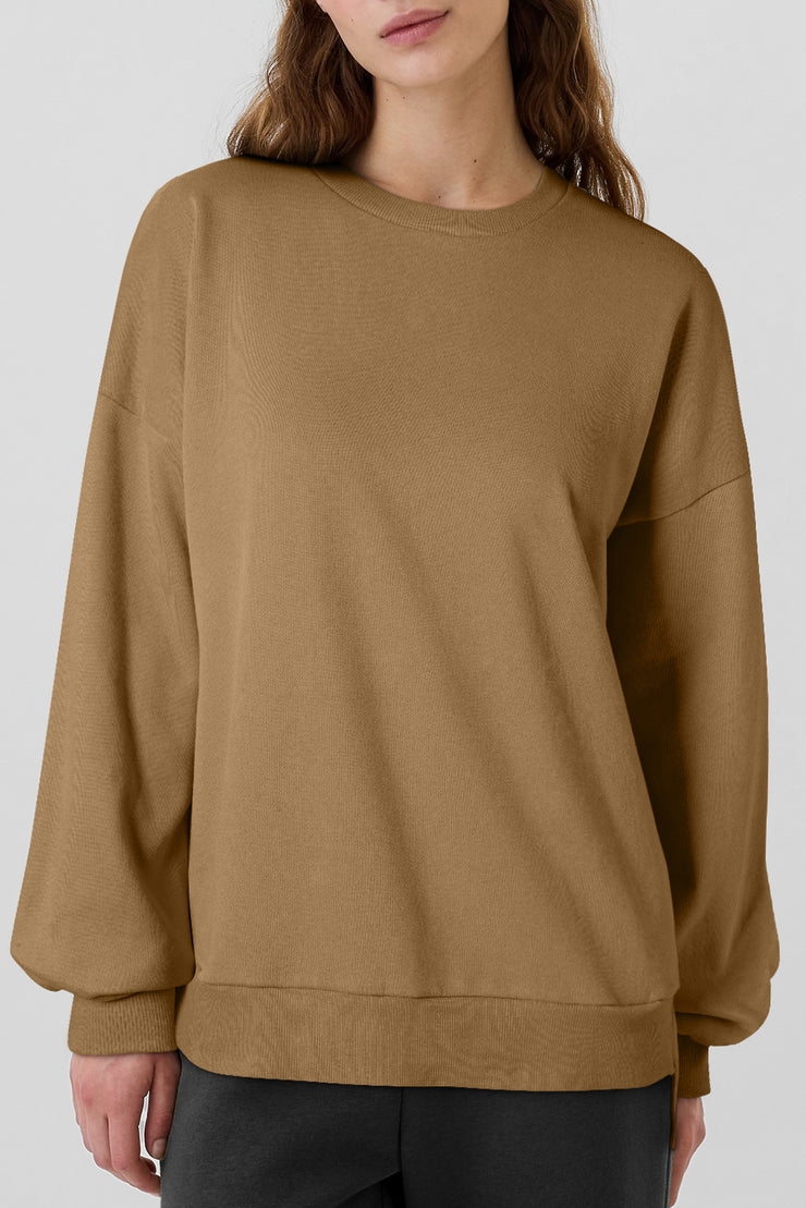 Camel Solid Fleece Lined Drop Shoulder High Low Sweatshirt