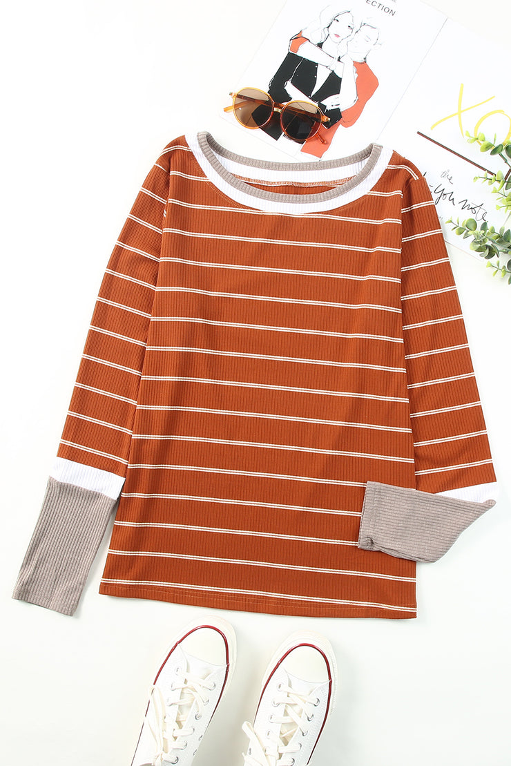 Brown Extend Color Block Cuffs Rib Knit Striped Pullover