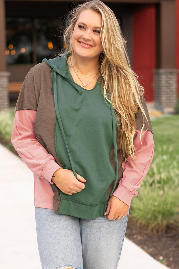 Breen Plus Size Colorblock Patchwork V Neck Hoodie