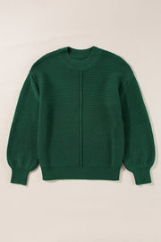 Blackish Green Textured Knit Crewneck Lantern Sleeve Sweater