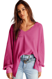 Bright Pink Waffle V Neck Long Sleeve Drop Shoulder Loose Blouse