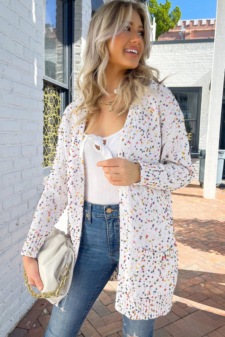 White Confetti Rib Knit Long Sleeve Cardigan