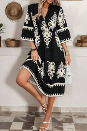 Black Western Geometric Print 3/4 Sleeve Loose Midi Dress