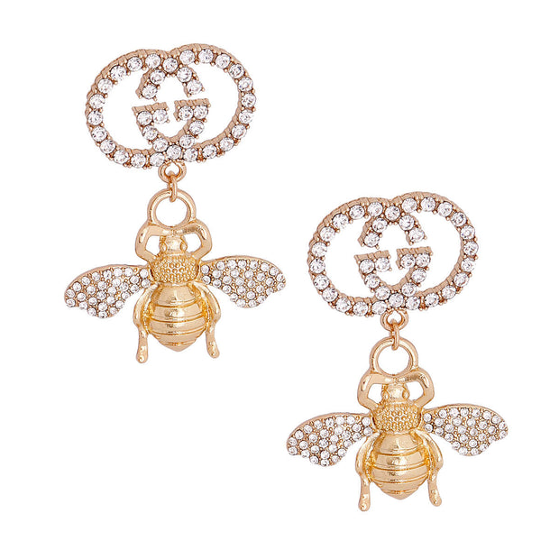 Gold Designer Logo Bee Earrings.