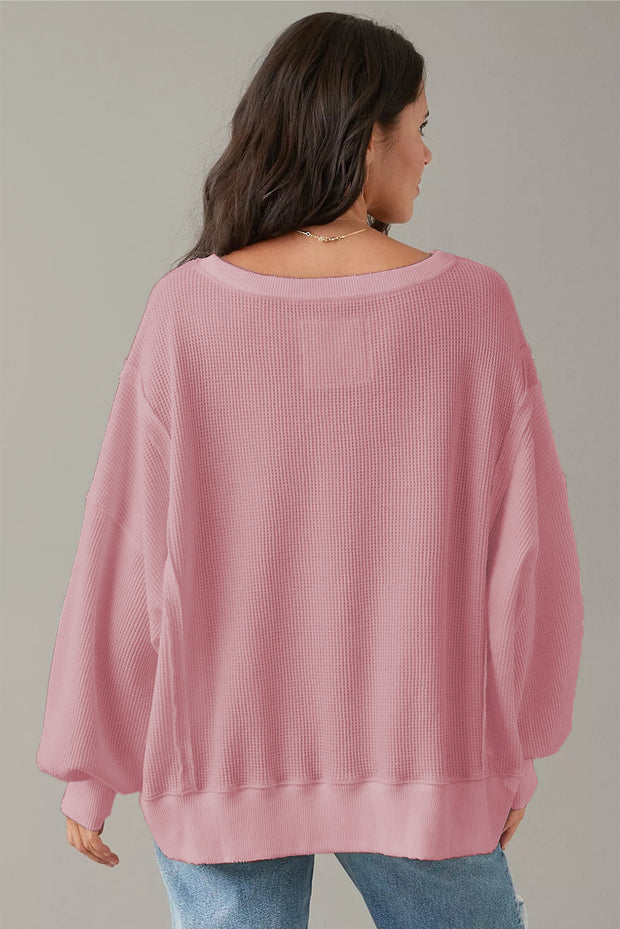 Pink Waffle Knit Bishop Sleeve Split Oversized Sweatshirt