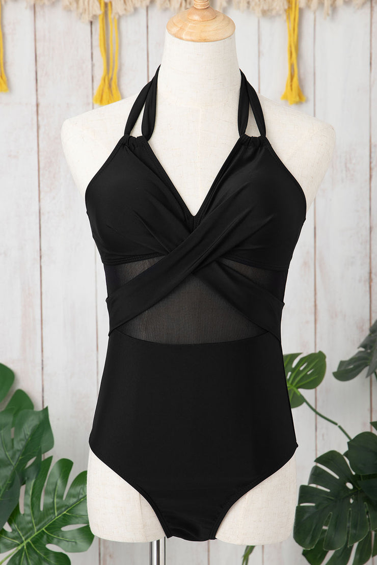 Black Halter Mesh Insert Cross Front One-Piece Swimsuit