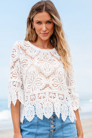 Oatmeal Bohemian Macrame Lace Crochet Half Sleeve Blouse