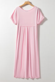 Pink V Neck Hidden Pocket Splits Maxi T-shirt Dress