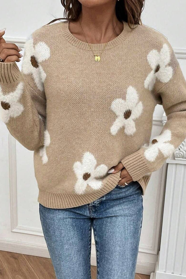 Parchment Flower Pattern Ribbed Trim Crew Neck Sweater