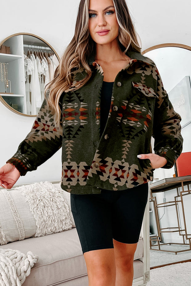 Green Aztec Print Flap Pockets Long Sleeve Shacket