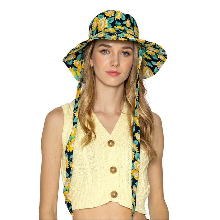 Navy Sunflower Chin Tie Bucket Hat