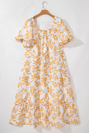 Apricot Floral Print Puff Short Sleeve Resort Plus Size Maxi Dress