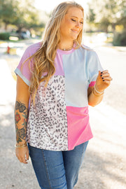 Rose Red Leopard Colorblock Patchwork Corded Knit Plus Size T Shirt