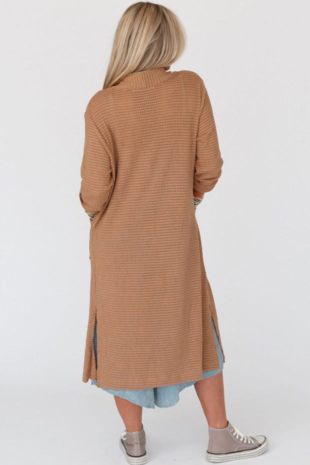 Chestnut Long Waffle Knit Cardigan with Pockets