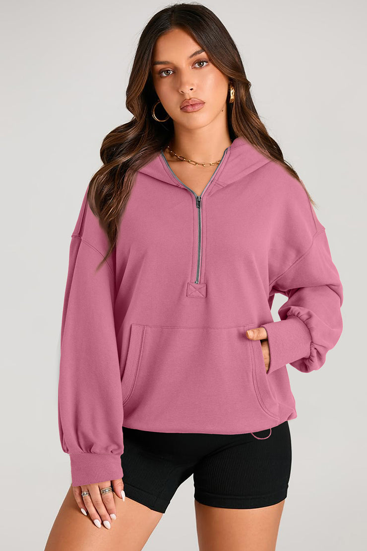 Valerian Solid Kangaroo Pocket Half Zipper Oversized Hoodie