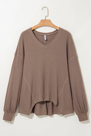 Coffee Waffle V Neck Long Sleeve Drop Shoulder Loose Blouse