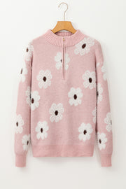 Pink Floral Pattern Half Zip Drop Shoulder Sweater