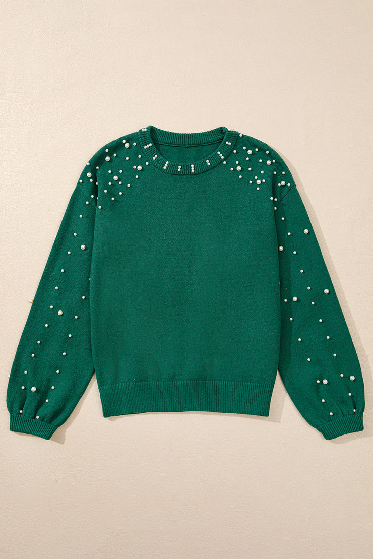 Evergreen Pearled Drop Shoulder Round Neck Sweater