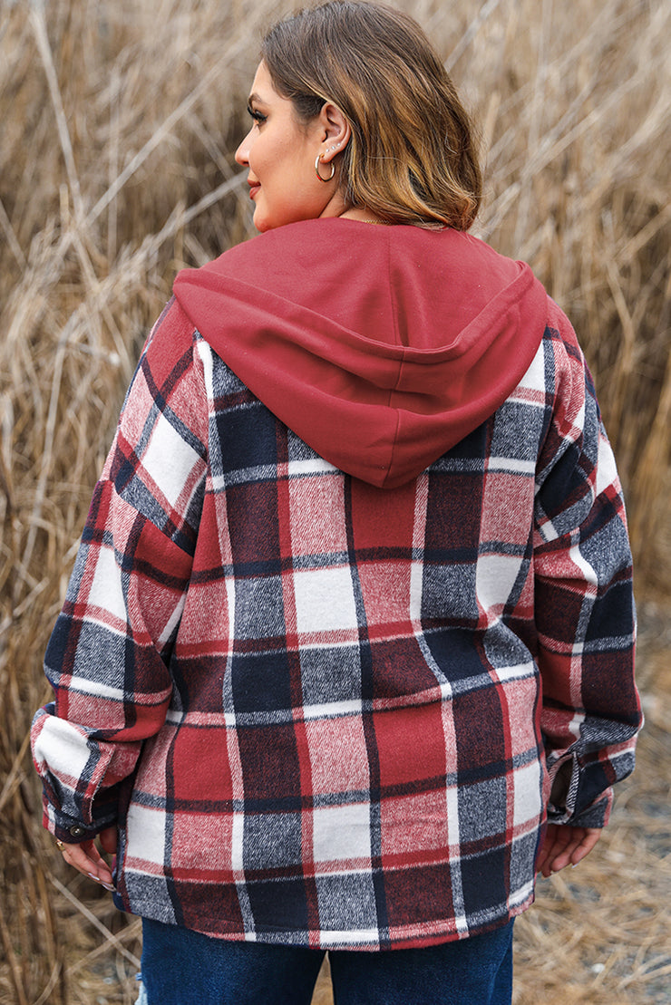 Red Printed Plus Size Plaid Button up Hooded Jacket