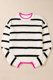 White Stripe Color Contrast Drop Shoulder Crew Neck Sweater